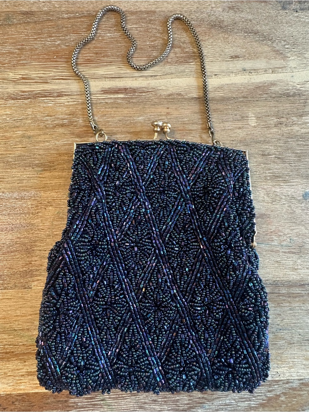 Iridescent Blue Beaded Evening Clutch with Chain Strap